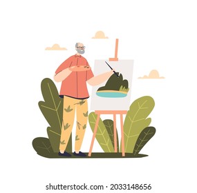 Senior man painting picture stand at easel canvas drawing. Older male painter creating art. Retired people hobby and leisure concept. Cartoon flat vector illustration