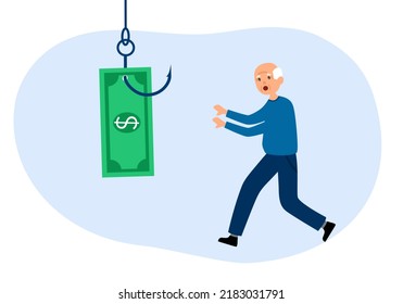 Senior man panic after money stolen via internet. Phishing scam concept vector illustration.