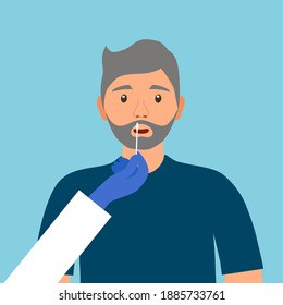 Senior man patient receiving a covid19 coronavirus testing by medical staff, doctor or nurse. DNA test by nose swap probe at hospital in flat design vector.