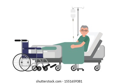 Senior man patient resting in hospital bed. Old man lying in a hospital bed. Isolated vector illustration.