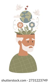 Senior Man Tranquilidad y Bienestar Mental. Varón negro étnico anciano con la tierra, las flores y las aves de la paloma. Concepto de Mindfulness, Armonía y Conciencia de la Salud. Vector Ilustración plana. No es IA