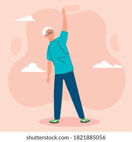 senior man performing stretching with clouds on background vector illustration design
