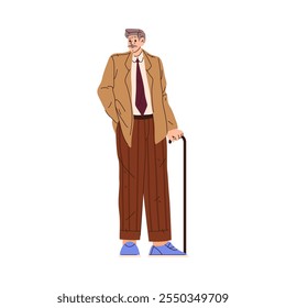 Senior man personage with walking stick. Vector flat cartoon character, isolated successful employee or manager, boss of company or organization. Standing businessman wearing suit for work