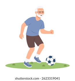 Senior man playing football.Outdoor activities. Fitness, wellness or healthy lifestyle.Flat vector illustration