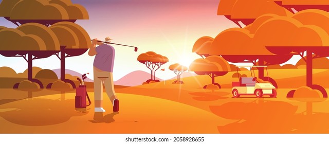 senior man playing golf on sunny green golf course aged player taking a shot active old age concept