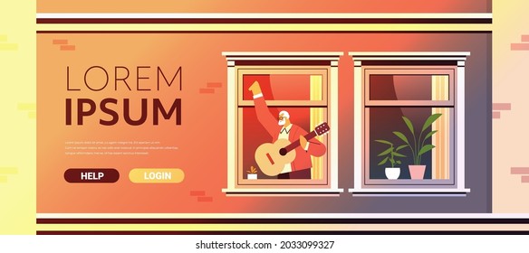 senior man playing guitar in house window grandfather having fun active old age life after retirement concept
