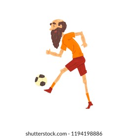 Senior man playing soccer, grandpa having fun, elderly man cartoon character leading an active lifestyle, social concept vector Illustration on a white background