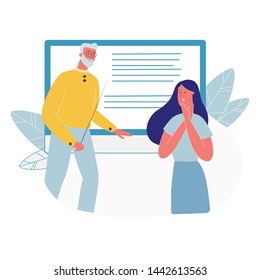 Senior Man with Pointer in Hand Stand on Huge Screen Background, Young Woman Frightened Emotion on Face. Student and Teacher Characters on Lesson, Classroom, Education Cartoon Flat Vector Illustration