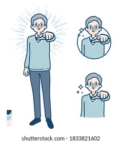 Senior Man mit Pointing auf die vorderen Bilder.Es ist Vektorkunst, sodass es leicht zu bearbeiten ist.