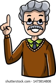 Senior man points up. Finger and hand gesture. Old smiling guy. Hand-drawn color illustration. Happy emotion. Black warm sweater.