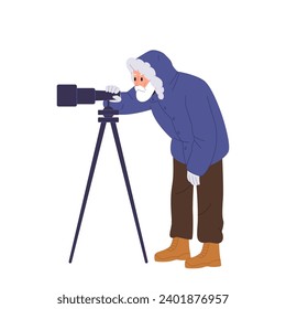 Senior man polar explorer cartoon character in warm protective clothes looking through telescope