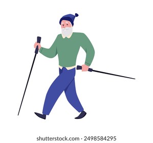 Senior man practicing Nordic walking with a pole. Cartoon elderly grandfather doing physical exercises. Vector flat illustration of active retired character training. Healthy sport lifestyle