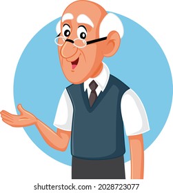 Senior Man Presenting Hand Gesture Vector Cartoon. Happy grandpa showing a promotional offer with excitement
