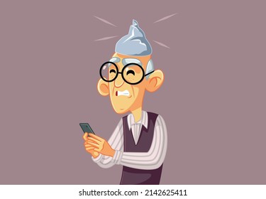 
Senior Man Reading Conspiracy Theories Online Vector Cartoon. Elderly person reading fake news online believing in conspiracies 
