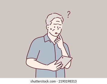 senior man reading news on digital tablet.Question. Hand drawn style vector design illustrations.