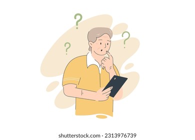 senior man reading news on digital tablet.Question. Hand drawn style vector design illustrations