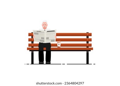 Senior man reading newspaper on bench outdoor park with coffee mug on isolated background, Vector illustration.