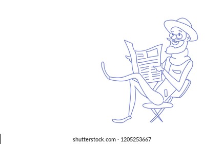 senior man reading newspaper sitting chair relax concept sketch doodle horizontal vector illustration
