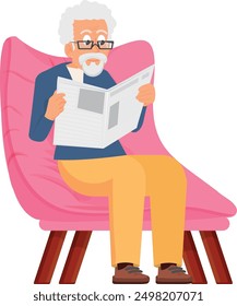 Senior man reading newspaper in soft chair. Home rest