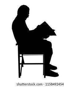 Senior Man Reading Newspapers On The Chair ,vector Silhouette On White Background