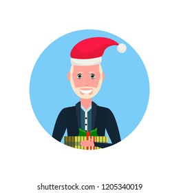 senior man red hat face avatar new year merry christmas concept flat male cartoon character portrait vector illustration