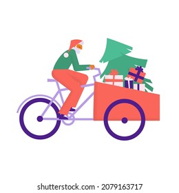 Senior Mann in rotem Hut reiten Fracht Fahrrad mit Weihnachtsgeschenken und Baum. Ältere Menschen auf Bäckereien mit Geschenken und Weihnachtsbaum darin. Flache Vektorgrafik