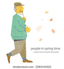 Senior man rejoicing in spring - Colorful and fun watercolor illustration