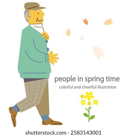 Senior man rejoicing in spring Colorful and fun flat illustration