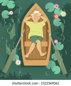 Senior man relaxing in a rowboat, drifting down a calm river,  EPS 8 vector illustration