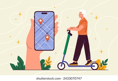 Hombre mayor alquilando scooter. Persona mayor en escooter cerca de smartphone con mapa. Tecnologías e innovaciones modernas. Navegación y geolocalización. Ilustración de vector plano de dibujos animados