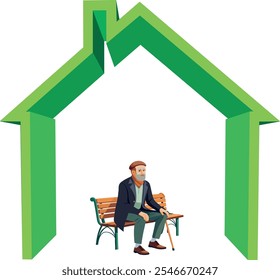 Senior man resting on wooden bench within green house frame representing eco friendly senior living and sustainable housing solutions