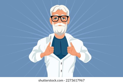 
Senior Man Revealing Superhero Costume under the Shirt Vector Cartoon. Elderly pensioner in shape feeling heroic and strong
