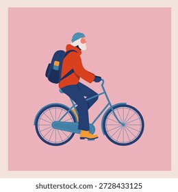 Hombre mayor montando una bicicleta, Ilustración vectorial plana sobre el envejecimiento activo, estilo de vida saludable y movilidad diaria. Diseño minimalista moderno con colores pastel.