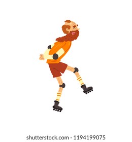 Senior man roller skating, grandpa having fun, elderly man cartoon character leading an active lifestyle, social concept vector Illustration on a white background