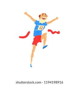 Senior man running, elderly man taking part in marathon, healthy active lifestyle colorful characters vector Illustration on a white background