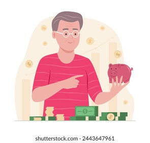 Senior Man Savings Money with Piggy Bank for Financial Concept Illustration