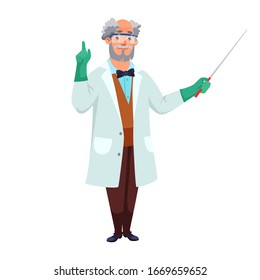 Senior man scientist wearing white coat, protective glasses, gloves holding pointer hands standing isolated on transparent backdrop. Laboratory experiment. Old professor lecturer. Vector illustration