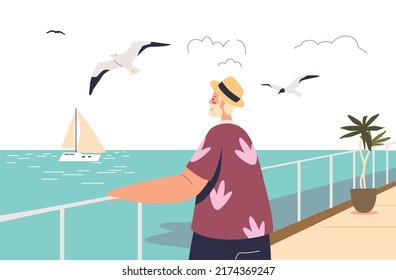 Hombre mayor en el terraplén marino mirando el agua azul. Un turista masculino disfruta de vistas al mar desde el muelle. Un hombre mayor pasa sus vacaciones a orillas del mar. Dibujo vectorial plano de dibujos animados