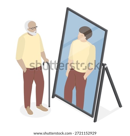 Senior man seeing her younger self in the mirror. Elderly man and accepting the aging process. Simple design without a face. Isometric flat vector illustration.