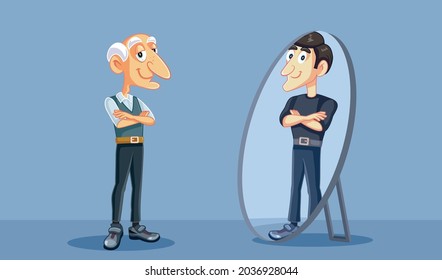 Senior Man Seeing his Younger Self in the Mirror. Elderly grandpa remembering himself in the younger years smiling and accepting the aging process
