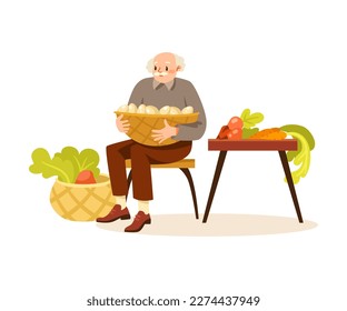 Senior Man Seller at Farmer Market Selling Fresh Local Product Vector Illustration