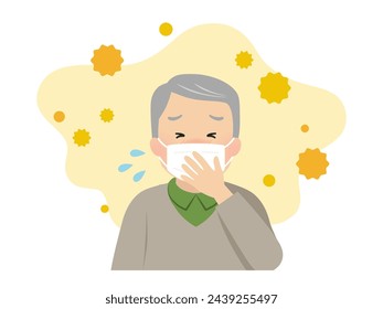 Senior man with severe hay fever symptoms (with mask)_vector illustration
