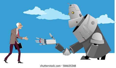 Senior man shaking hands with a giant robot, EPS 8 vector illustration