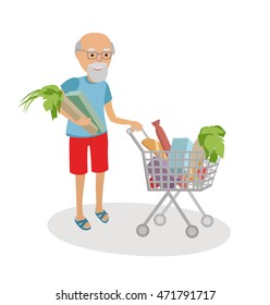 Senior man with shopping cart full of food. Grandfather on market.