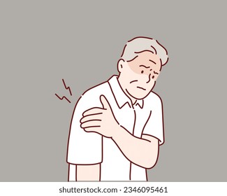 Senior man with shoulder pain. Elderly woman is enduring awful ache. Shoulder Pain In An Elderly Person. Hand drawn style vector design illustrations.
