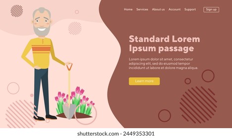 Senior man with shovel planting flowers. Pensioner spending his free time by gardening. Flat vector illustration. Retirement, pension, gardening concept for web design, banner, landing page