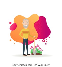 Senior man with shovel planting flowers. Pensioner spending his free time by gardening. Flat vector illustration. Retirement, pension, gardening concept for web design, banner, landing page