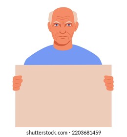 Senior man showing empty blank board. Portrait of neutral face grandpa holding banner with copy space. Protest or support concept with bullet leaf. Flat vector illustration.
