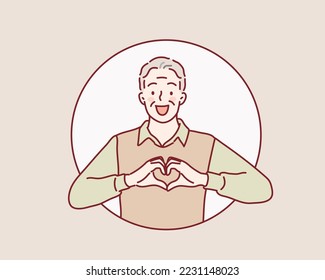 Senior man showing heart gesture with two hands.  Hand drawn style vector design illustrations.