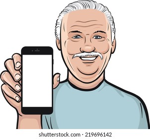 senior man showing a mobile app on a smart phone